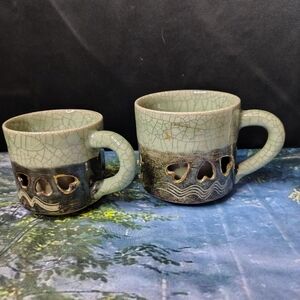 Obori Somayaki Mugs Set Green, Cream & Gold Crackle